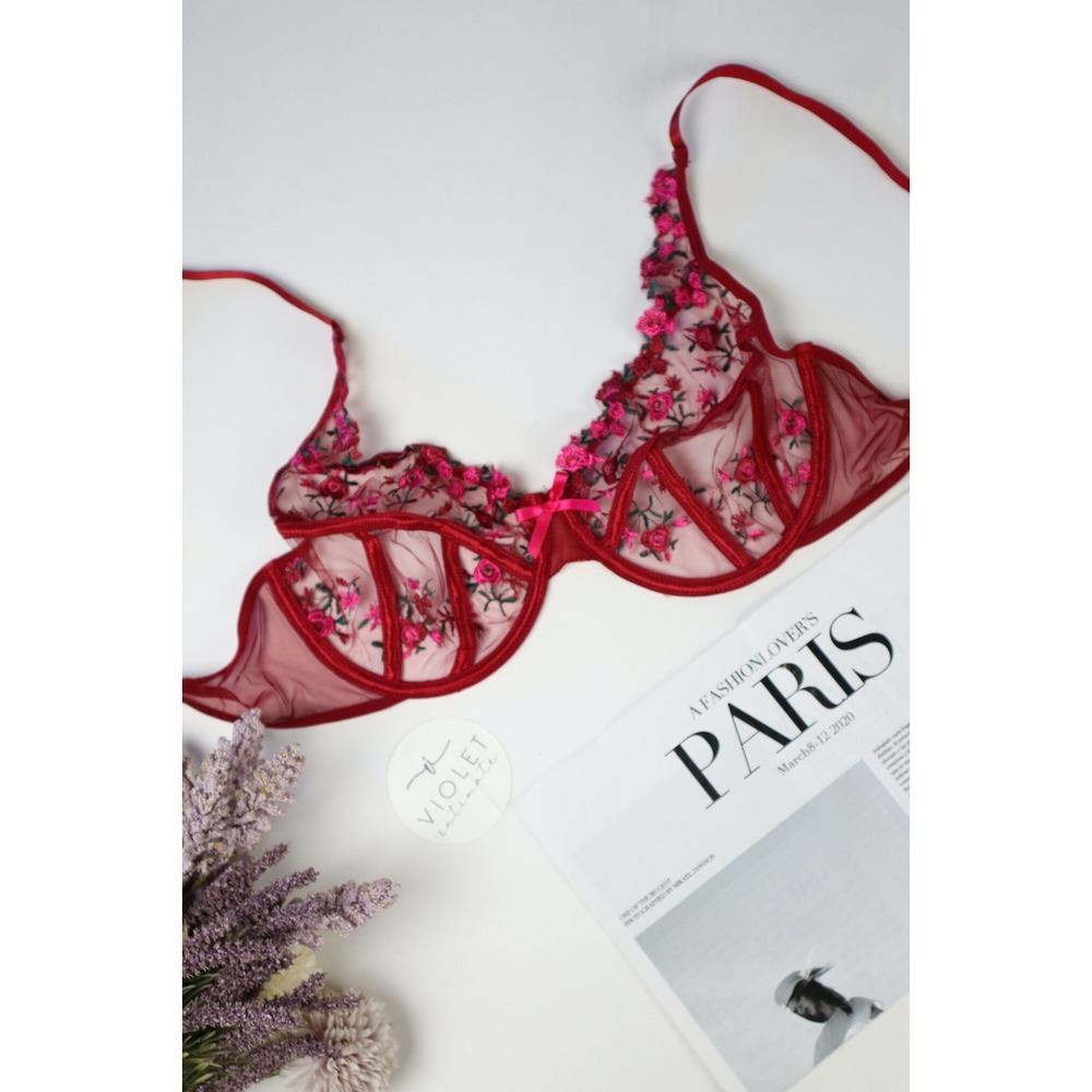 Violet Intimate Bra Only Red Lace Women 3XL Sexy Roses Lingerie Floral Embroider